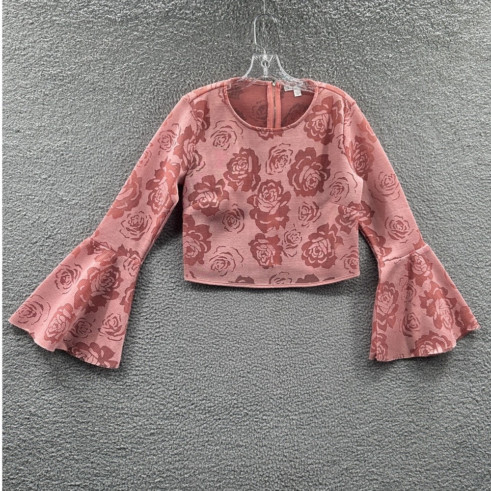 Women Festival Crop Top L Floral Fairy Indie Coquette Statement Mesh Bell Sleeve